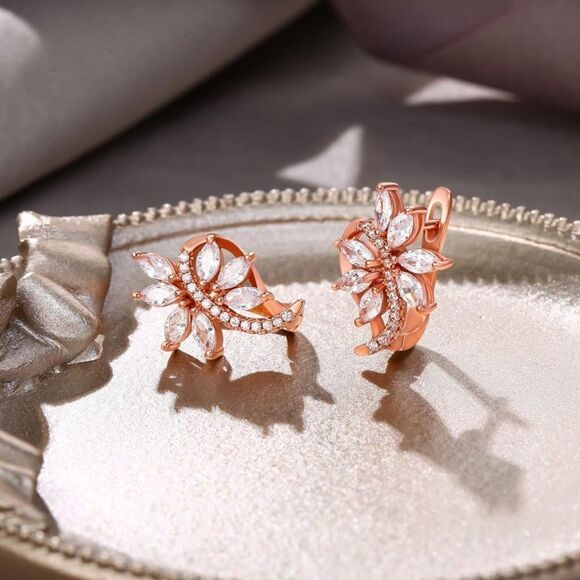 Rose Gold with White Diamond Cubic Zirconia French Clip Post Flower Earrings - Picture 3 of 6